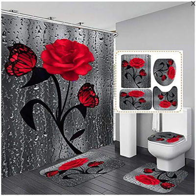 Fiore di rosa personalizzato 100% poliestere impermeabile tende da doccia bagno 4pcs Set Top-