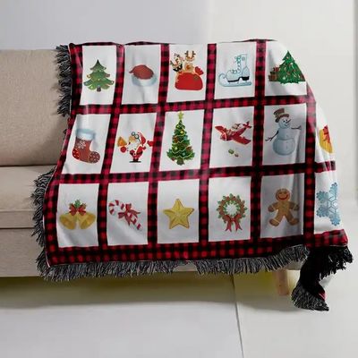 Polyester Natale Stampato Subbank lanciare copertura con pannello rosso plaid e Tassel Trim