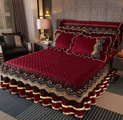 Set di biancheria da letto gonna coperta cuscino con ricamo pizzo tessuto ecologico e morbido