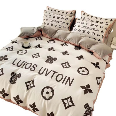 Popolarezza Set di biancheria da letto in cotone 4 in 1 Marrone Bianco King Size Copertura di coperta Letto