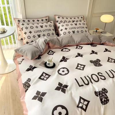 Popolarezza Set di biancheria da letto in cotone 4 in 1 Marrone Bianco King Size Copertura di coperta Letto