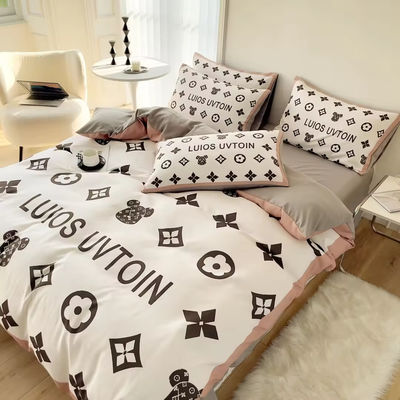 Popolarezza Set di biancheria da letto in cotone 4 in 1 Marrone Bianco King Size Copertura di coperta Letto
