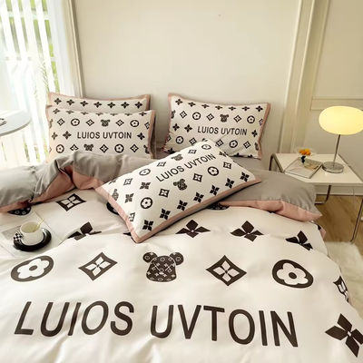 Popolarezza Set di biancheria da letto in cotone 4 in 1 Marrone Bianco King Size Copertura di coperta Letto