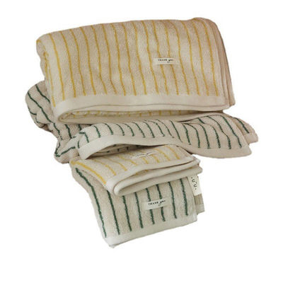 Aggiungi un tocco di stile al tuo bagno con questo set di asciugamani in cotone a strisce colorate