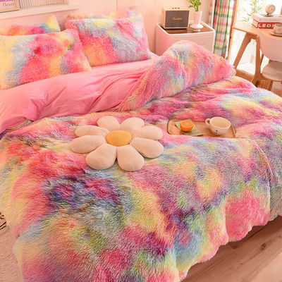 Home Hotel Nozze colore arcobaleno pelliccia finta velluto pelosa piumosa biancheria da letto morbida set 4 pezzi