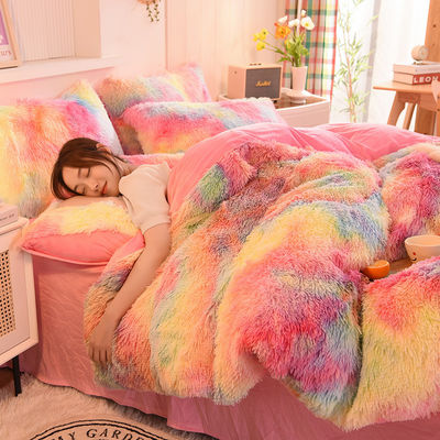 Home Hotel Nozze colore arcobaleno pelliccia finta velluto pelosa piumosa biancheria da letto morbida set 4 pezzi