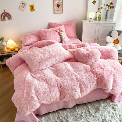 Nessuna personalizzazione richiesta Morden Luxury Jade Pink Shaggy Warm Mink Velvet Bed Set