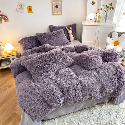 Stile Principessa Grigio Viola Shaggy Mink Caldo velluto Cristallo Copertura di copriletto Set per l'inverno
