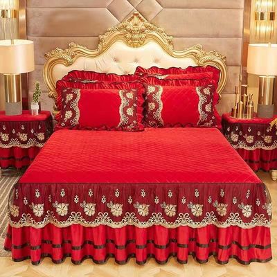 Set di biancheria da letto da quattro pezzi per il matrimonio con cura facile, ricamo senza sbiadimento, gonna da letto in pizzo