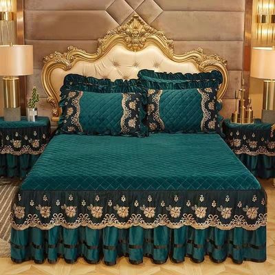 Set di biancheria da letto da quattro pezzi per il matrimonio con cura facile, ricamo senza sbiadimento, gonna da letto in pizzo