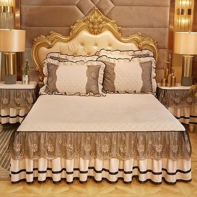 Set di biancheria da letto da quattro pezzi per il matrimonio con cura facile, ricamo senza sbiadimento, gonna da letto in pizzo