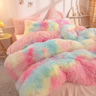 200TC Conteggio dei fili Set di biancheria da letto di pelliccia finta Piumino di visone arcobaleno di peluche di lusso Set di lenzuola montate