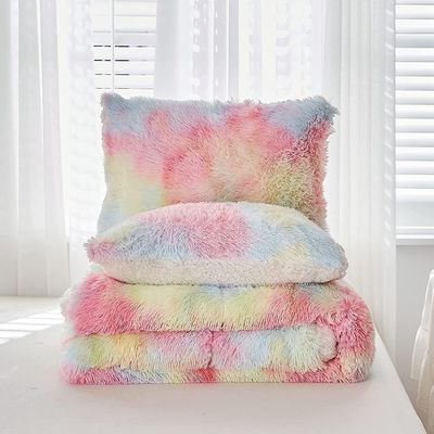 200TC Conteggio dei fili Set di biancheria da letto di pelliccia finta Piumino di visone arcobaleno di peluche di lusso Set di lenzuola montate