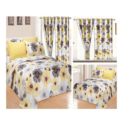 Home 100% poliestere giallo stampa floreale Set di biancheria da letto con 2 tende 8 pezzi