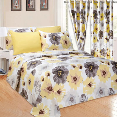 Home 100% poliestere giallo stampa floreale Set di biancheria da letto con 2 tende 8 pezzi