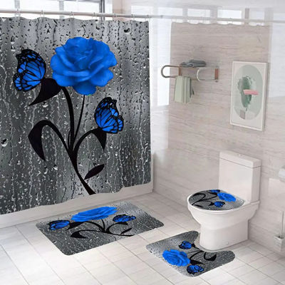 Fiore di rosa personalizzato 100% poliestere impermeabile tende da doccia bagno 4pcs Set Top-
