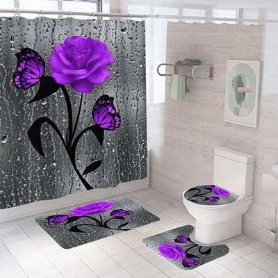 Fiore di rosa personalizzato 100% poliestere impermeabile tende da doccia bagno 4pcs Set Top-
