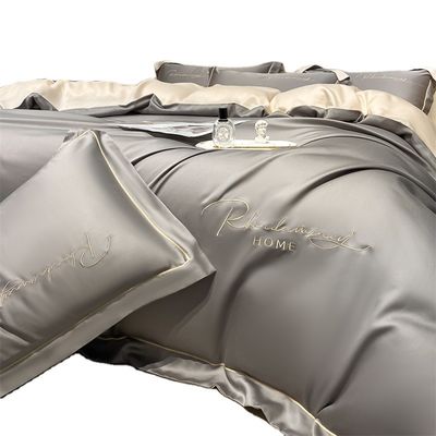 Colore solido luce lusso ricamo di seta lavata 4 pcs set di biancheria da letto con lenzuola montata