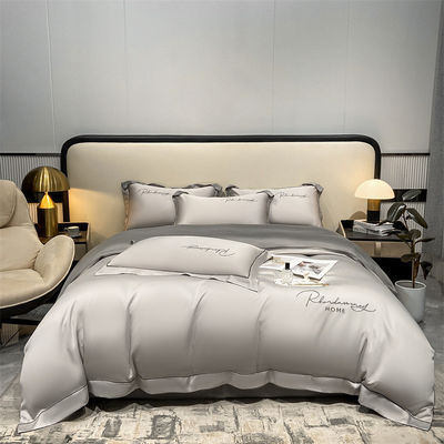 Colore solido luce lusso ricamo di seta lavata 4 pcs set di biancheria da letto con lenzuola montata
