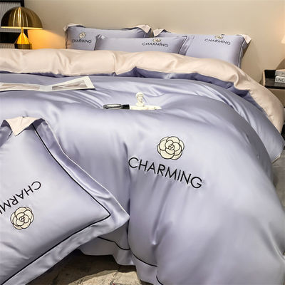 Colore solido luce lusso ricamo di seta lavata 4 pcs set di biancheria da letto con lenzuola montata