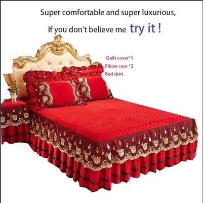 Sciacquare Set di biancheria da letto invernale europea ricamo di lusso lenzuola pizzo copertura gonna da letto