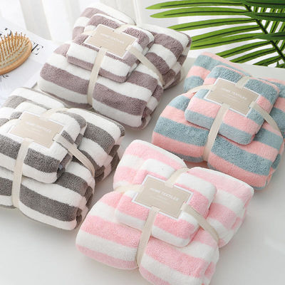 Set di asciugamani per mani e viso a strisce larghe di velluto corallino 35*75cm 70*140cm Set di asciugamani assorbiti in microfibra